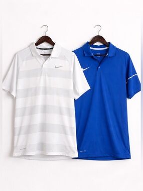 Nike Dri Fit Polo Shirt Bundle Blue White Size L Athletic Golf Mens Set of 2